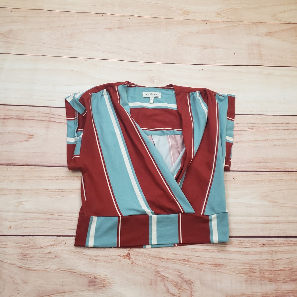 Monteau Los Angeles Shirt Women Medium Red Blue Striped V-Neck Wrap‎ Top Ladies
